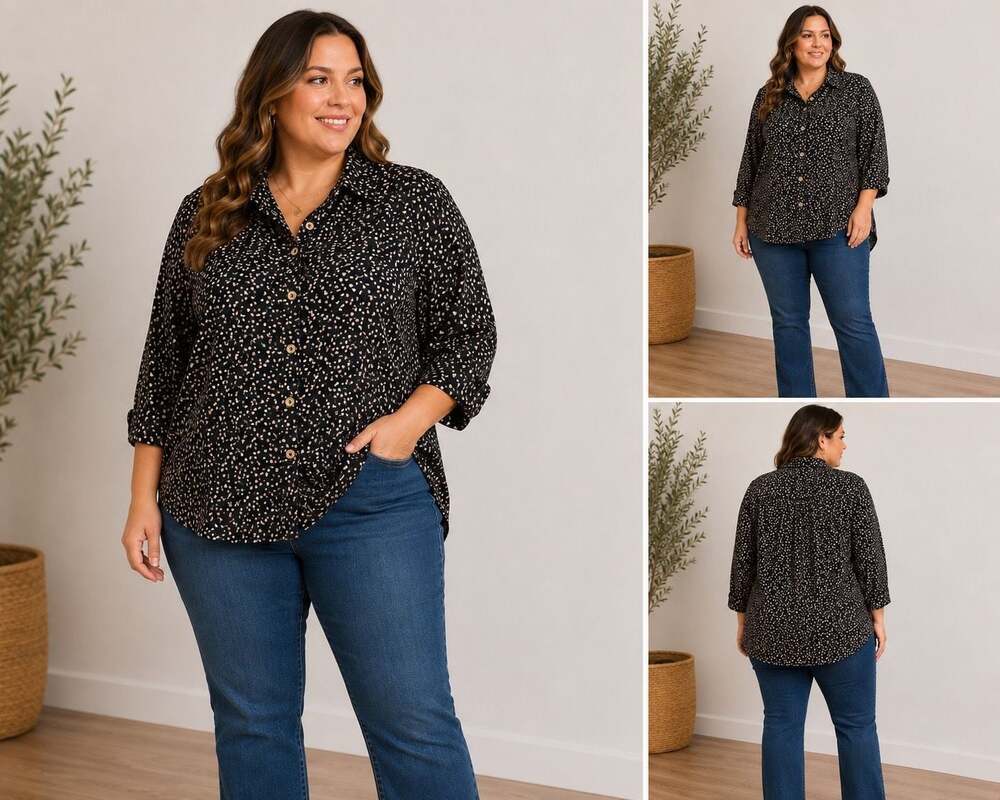 Yushi Womens Black Geometric Print Button Down Blouse Long Sleeve Collared